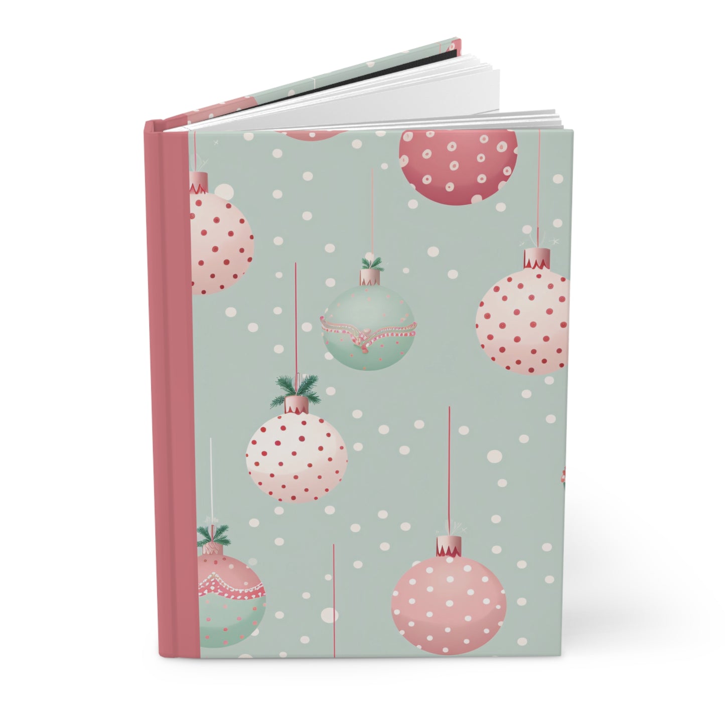 Hardcover lined journal with vintage inspired christmas baubles, girly aesthetic and soft pale colors
