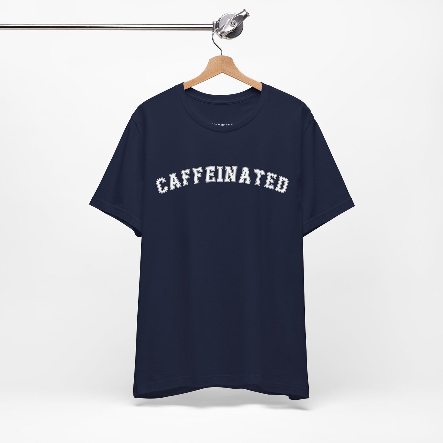 Navy Caffeinated T-shirt featuring white 'college' style font, ideal for coffee enthusiasts