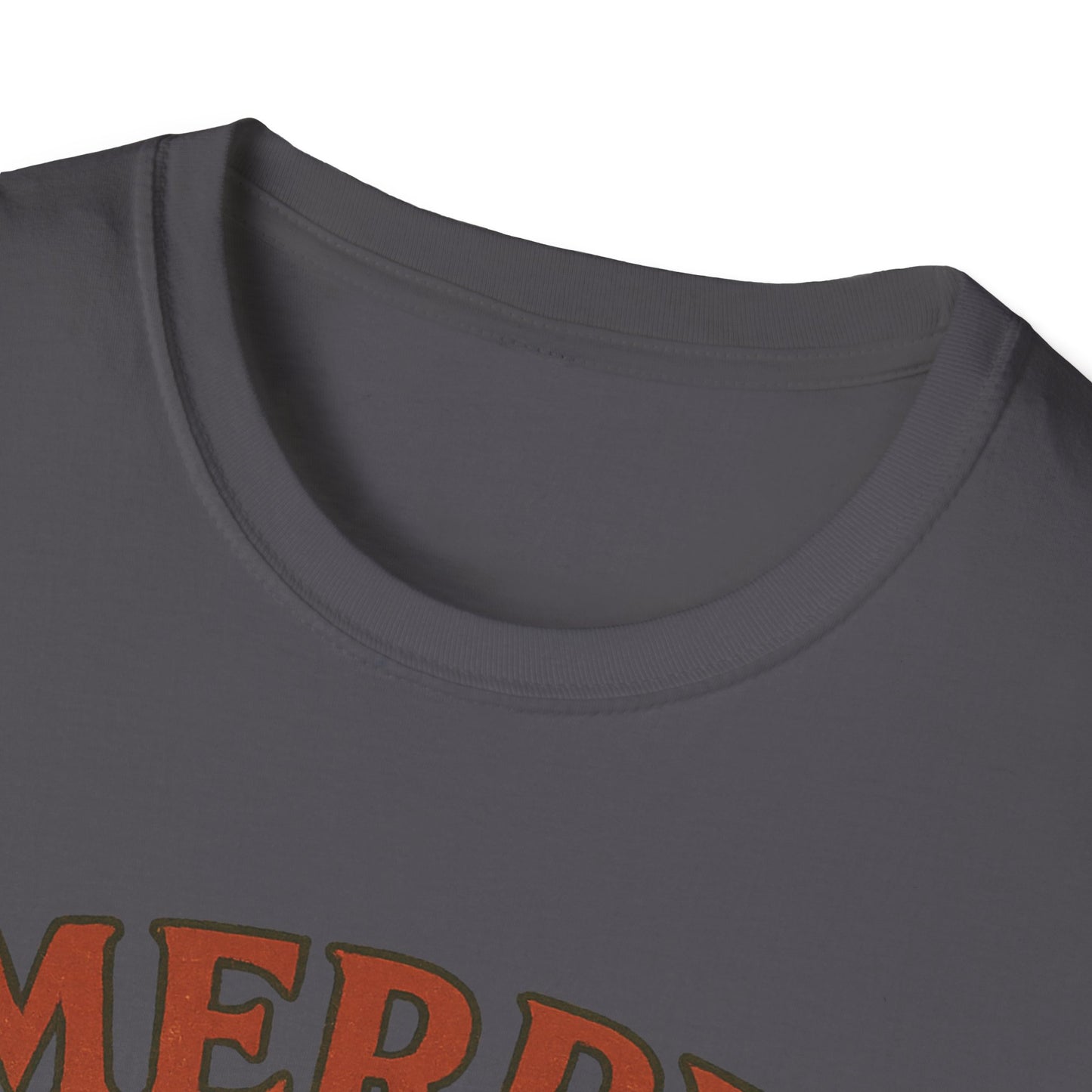 Close-up of a dark gray t-shirt with red text on a white background