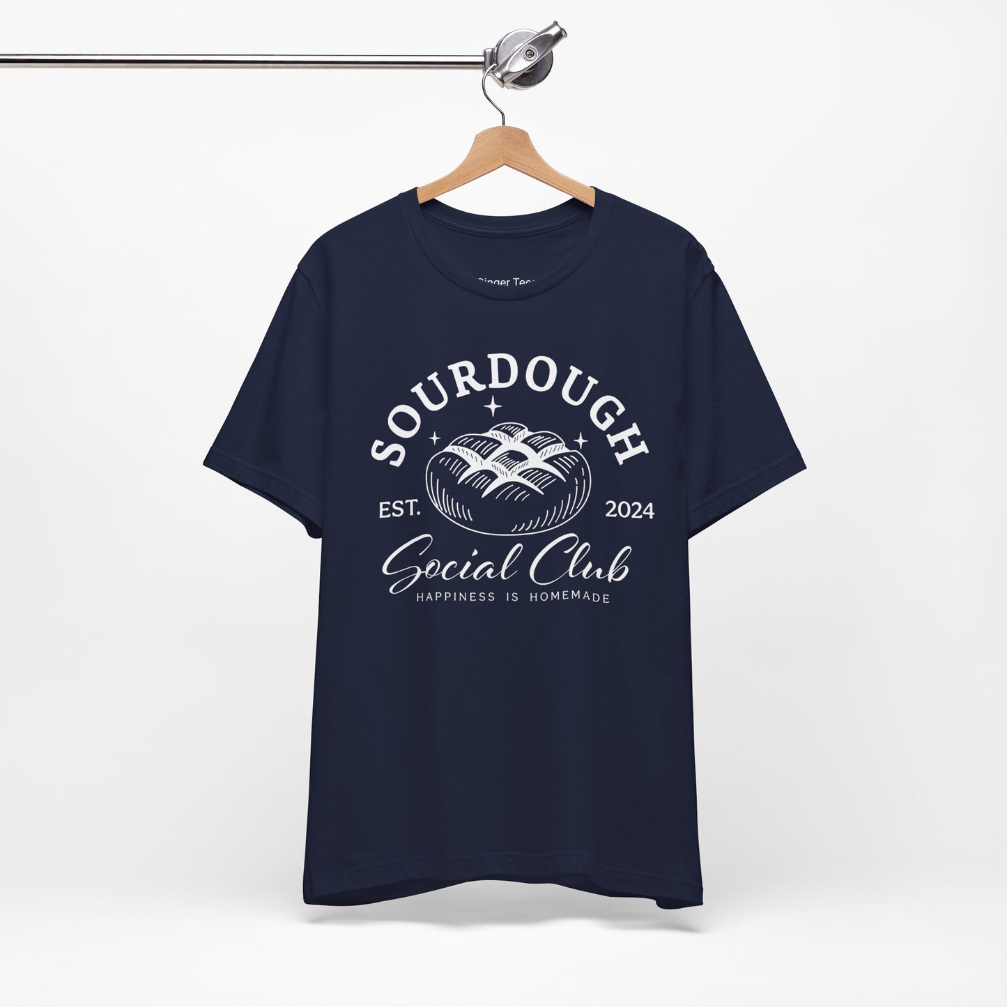 Black, navy, or white t-shirt featuring the text 'Sourdough Social Club' in a bold, vintage-inspired font, perfect for sourdough enthusiasts and home bakers who love stylish, foodie apparel