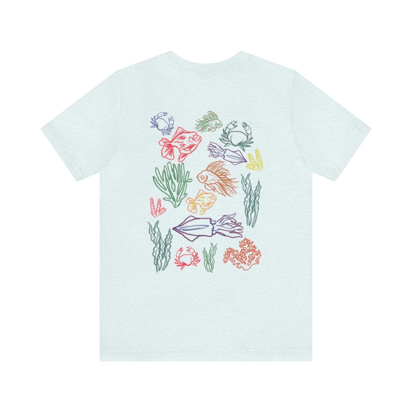 Ocean animals sketch tshirt bright vibrant colors summer vacation and beach outfit. Gift for teens