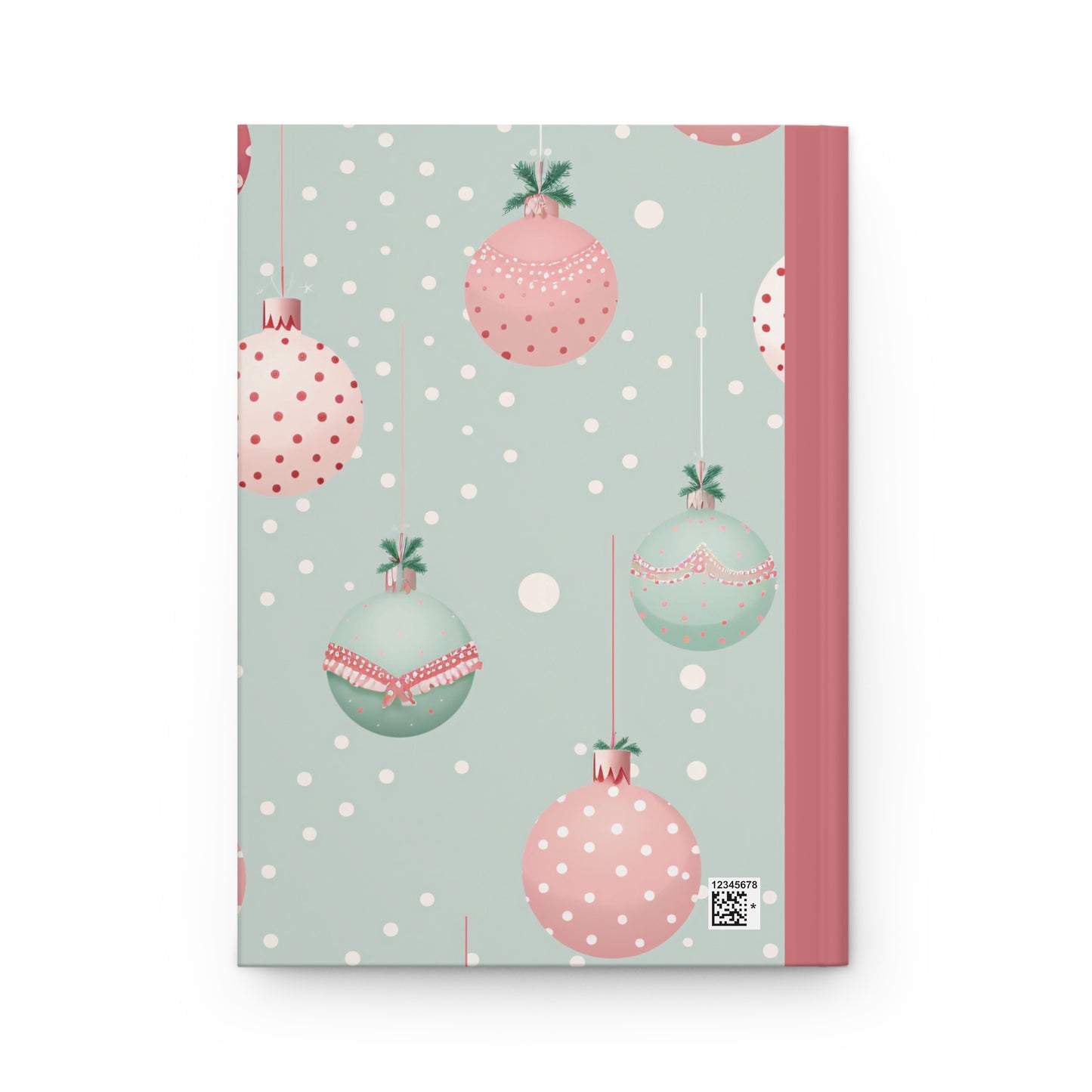 Hardcover lined journal with vintage inspired christmas baubles, girly aesthetic and soft pale colors