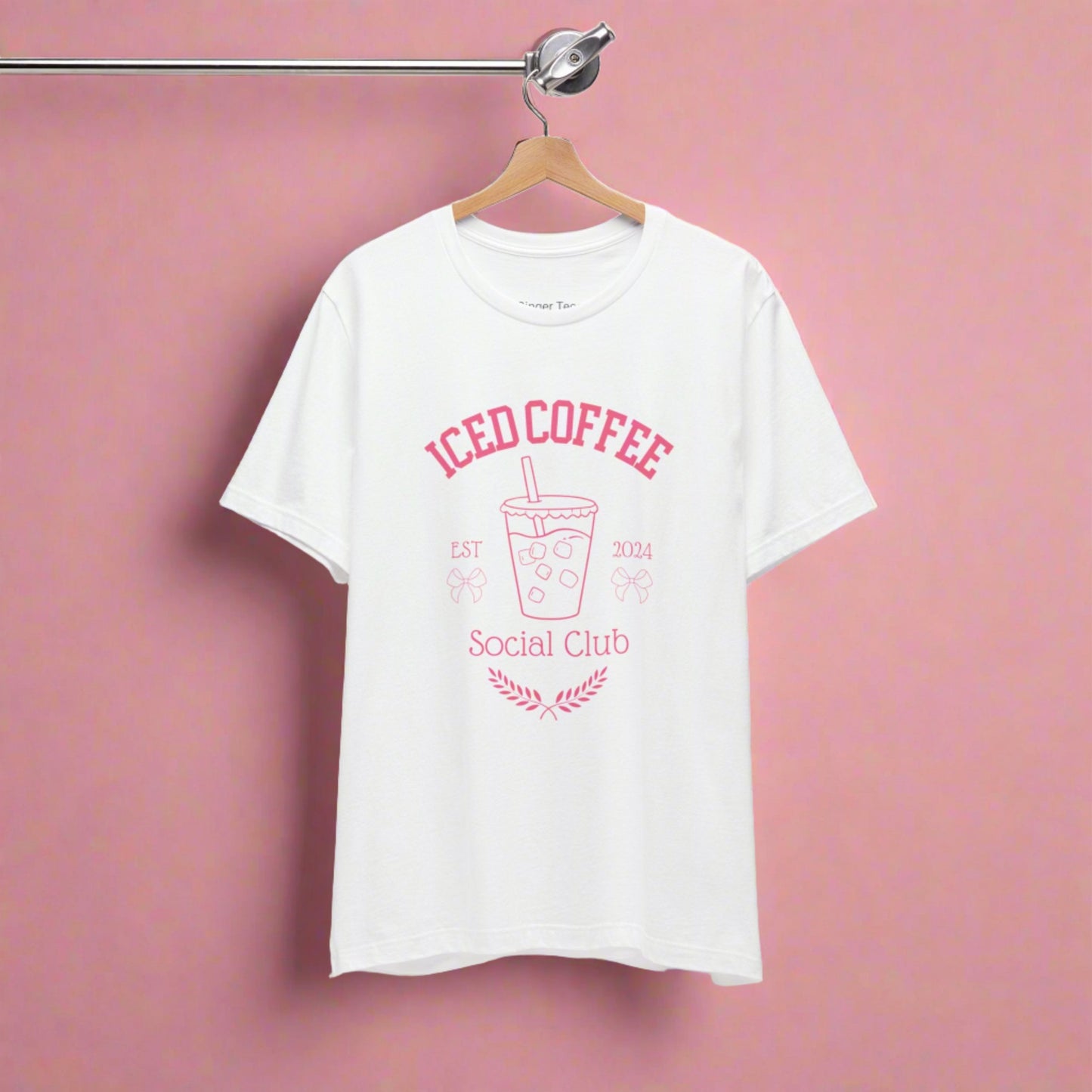iced coffee social club t-shirt with retro pink design and coquette accents