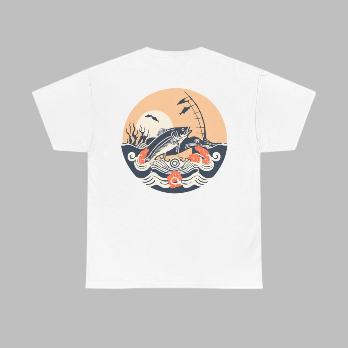 A vintage-inspired fishing scene in a circular design, featuring a leaping fish, swirling ocean waves, shrimp, and a rising sun in the background. The color palette includes deep navy, warm beige, and coral accents, giving it a bold yet classic nautical look. The design has a slightly distressed texture, adding to its rugged, maritime aesthetic.
