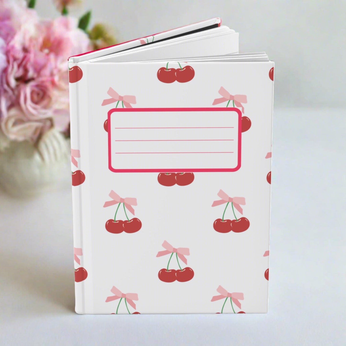cherry bow coquette soft girl aesthetic hardcover journal, inspirational