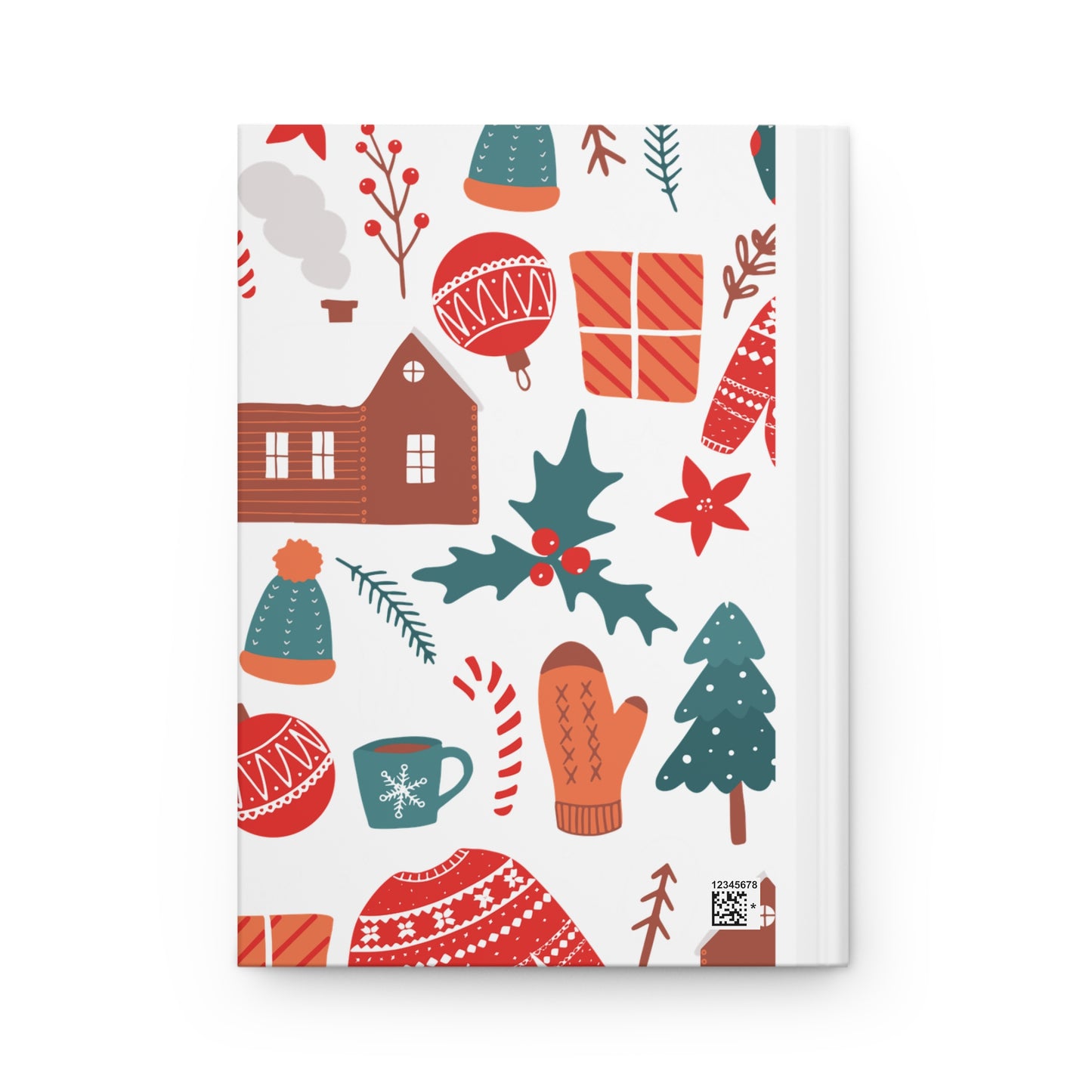 Journal cover with a vibrant holiday pattern featuring cozy winter items such as sweaters, mittens, hot chocolate, candy canes, snowmen, log cabins, and decorated trees on a black background.