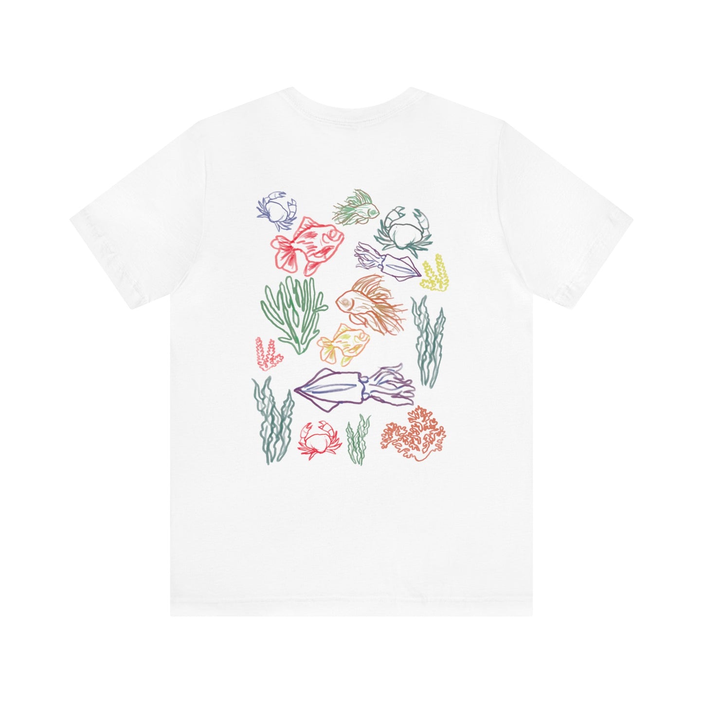 Ocean animals sketch tshirt bright vibrant colors summer vacation and beach outfit. Gift for teens