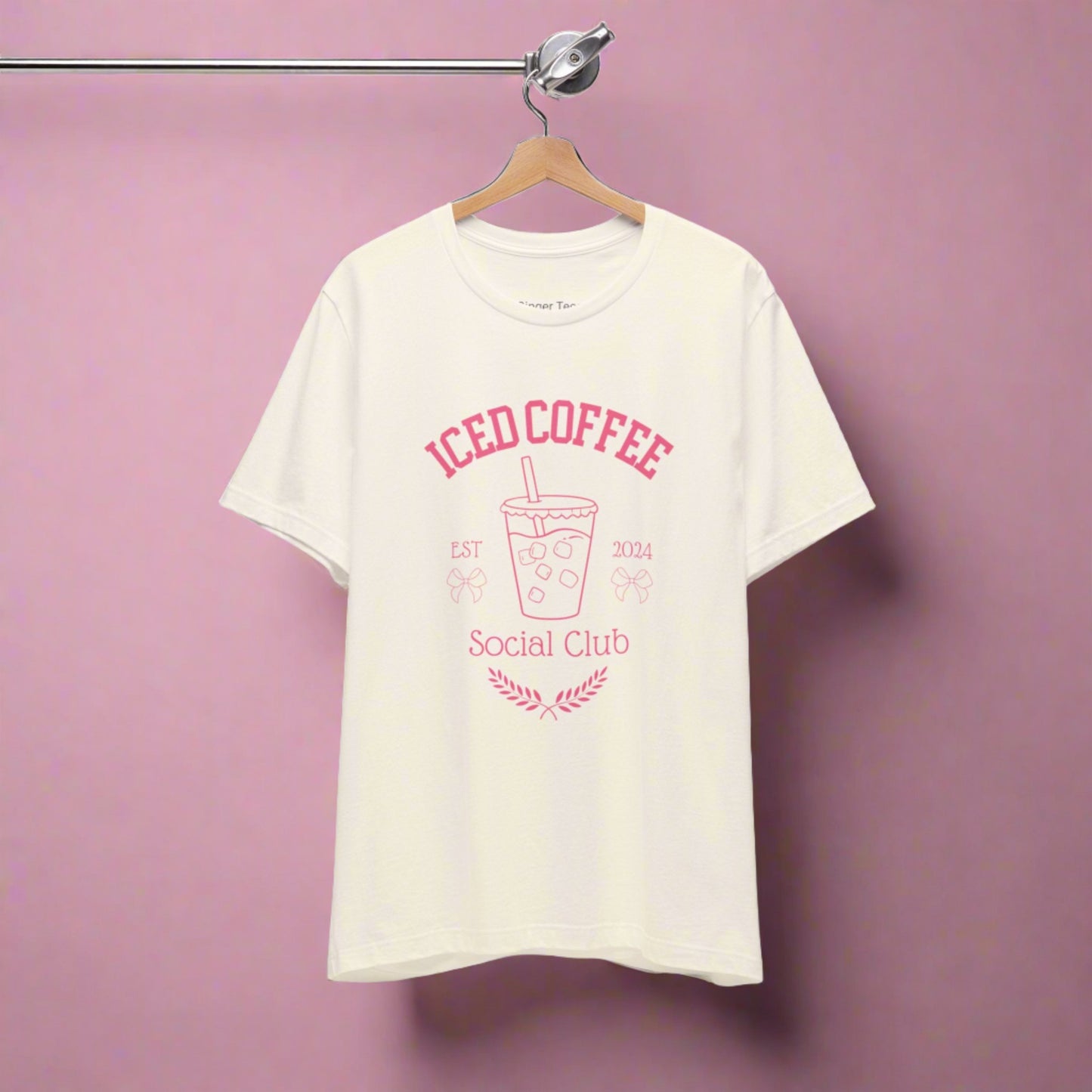 iced coffee social club t-shirt with retro pink design and coquette accents