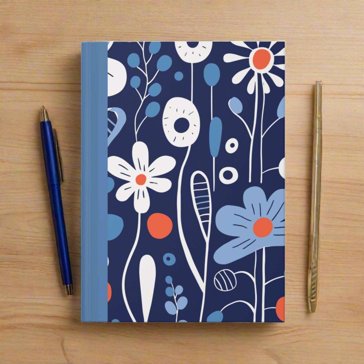 cute blue white and orange style floral doodle lined journal