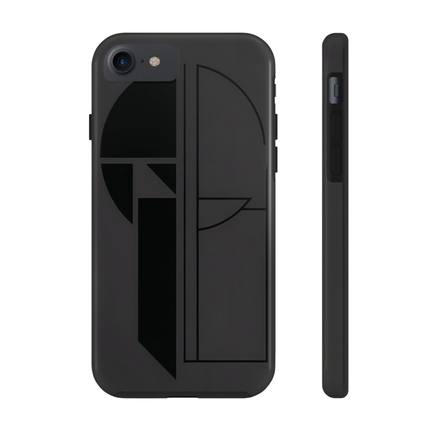 Masculine phone case collection with rugged textures, dark tones, and bold graphic elements displayed on various phone models.