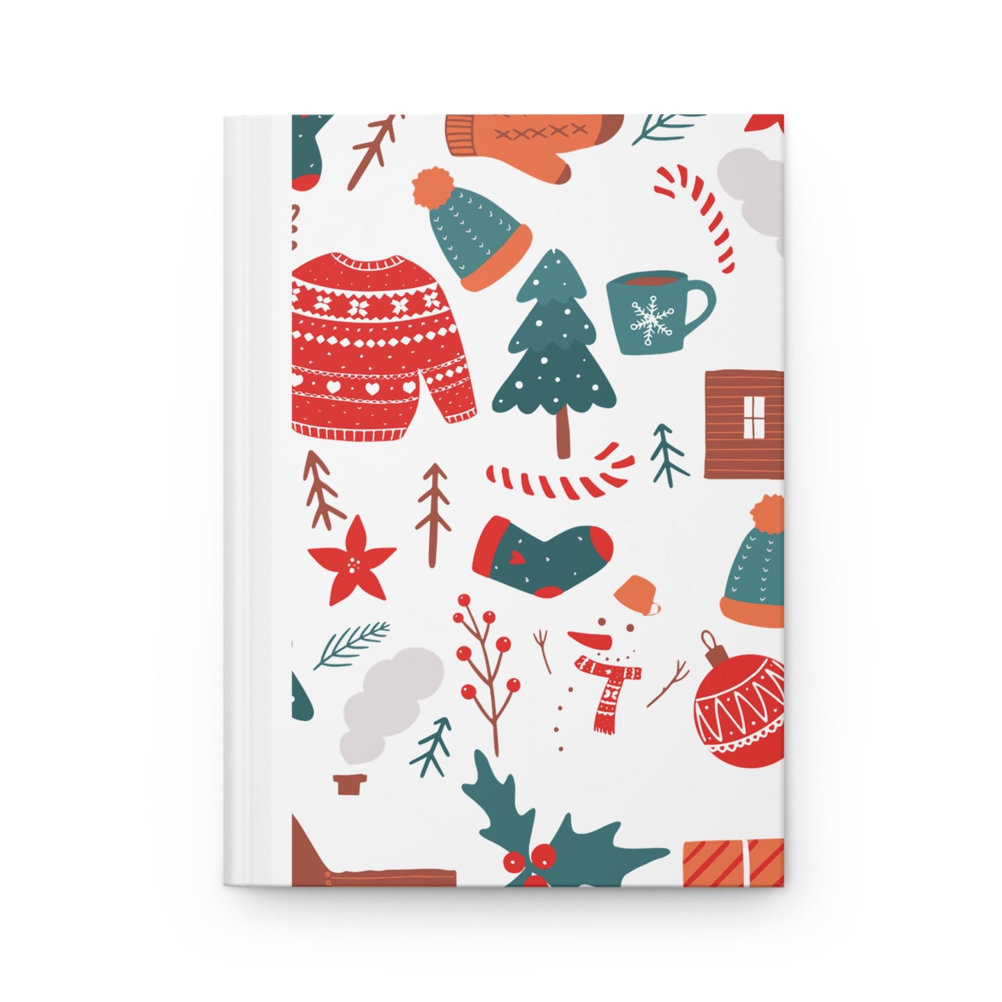 Journal cover with a vibrant holiday pattern featuring cozy winter items such as sweaters, mittens, hot chocolate, candy canes, snowmen, log cabins, and decorated trees on a black background.