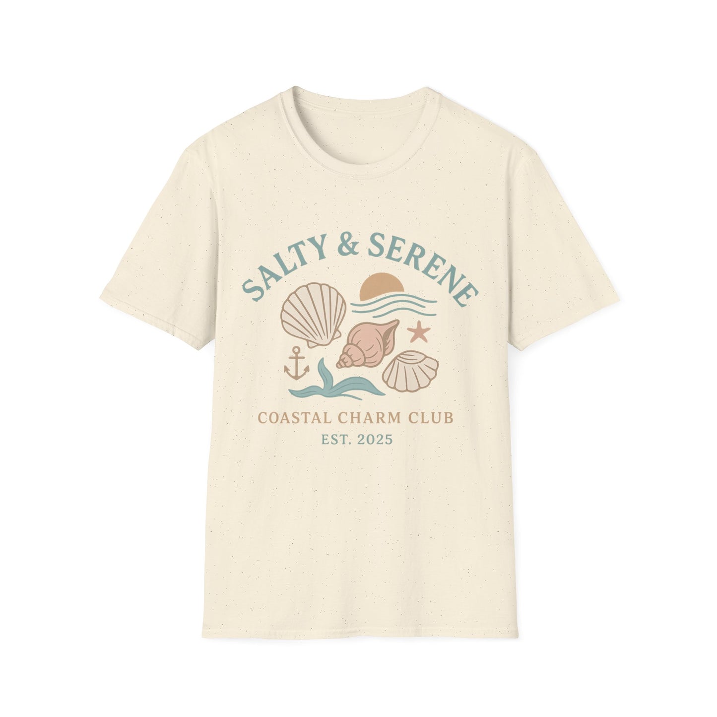 Beige t-shirt with 'Salty & Serene' coastal design on a white background