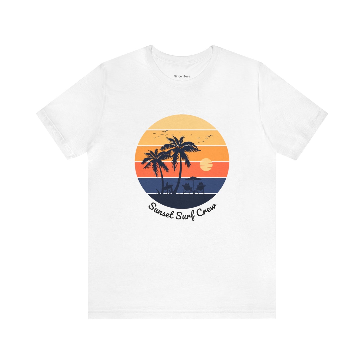 sunset surf crew tshirt, gradient sunset with beach palm trees. poolside with a beach ball, pool weather beach weather swimming