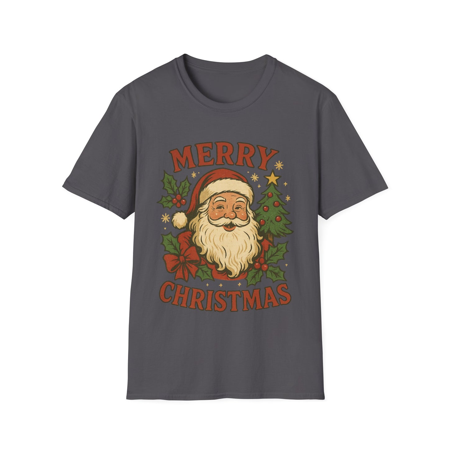 Gray t-shirt with Santa Claus graphic and 'Merry Christmas' text on a white background