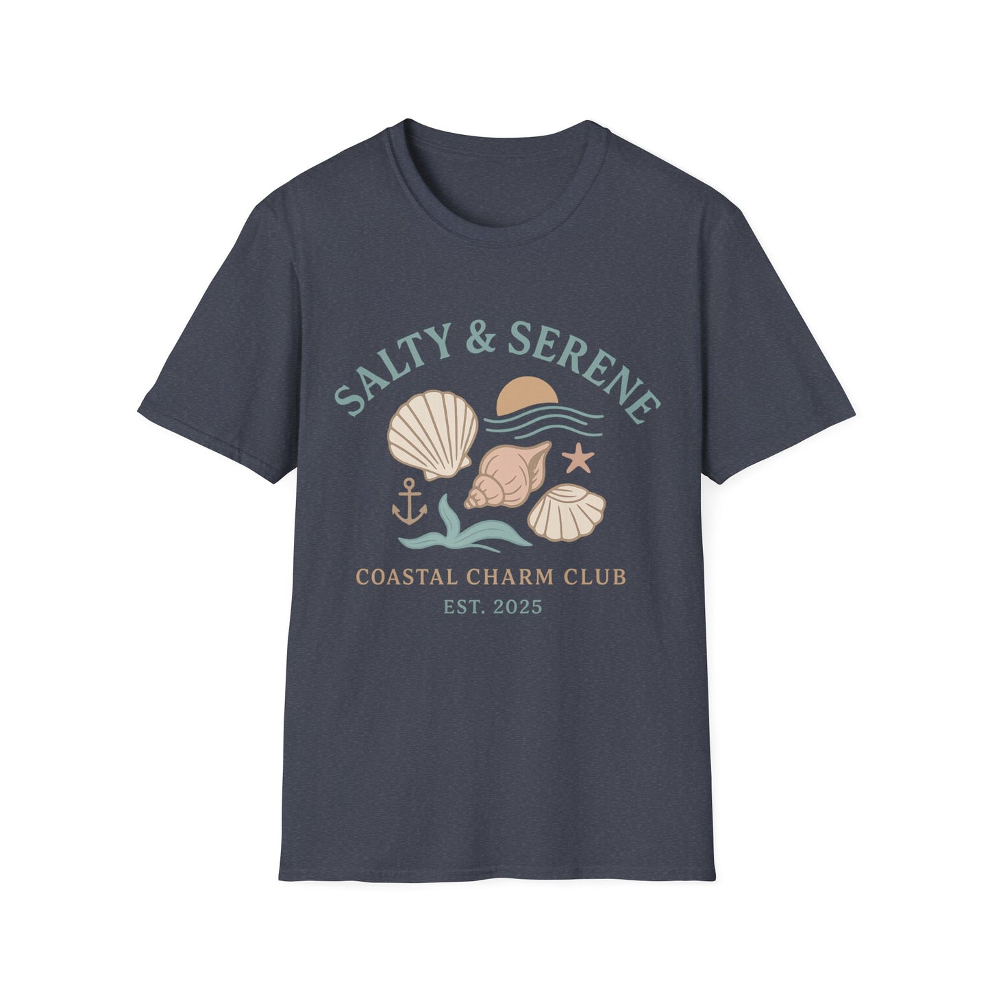 Navy blue t-shirt with 'Salty & Serene' coastal design on a white background