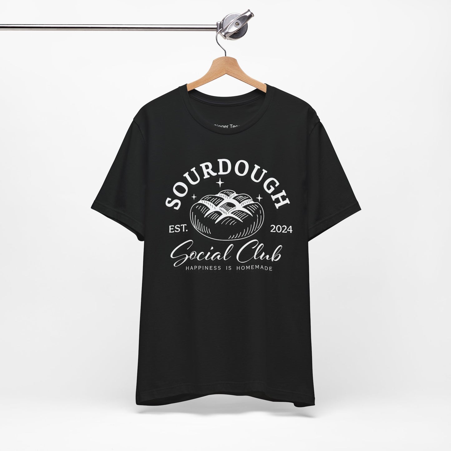 Black, navy, or white t-shirt featuring the text 'Sourdough Social Club' in a bold, vintage-inspired font, perfect for sourdough enthusiasts and home bakers who love stylish, foodie apparel