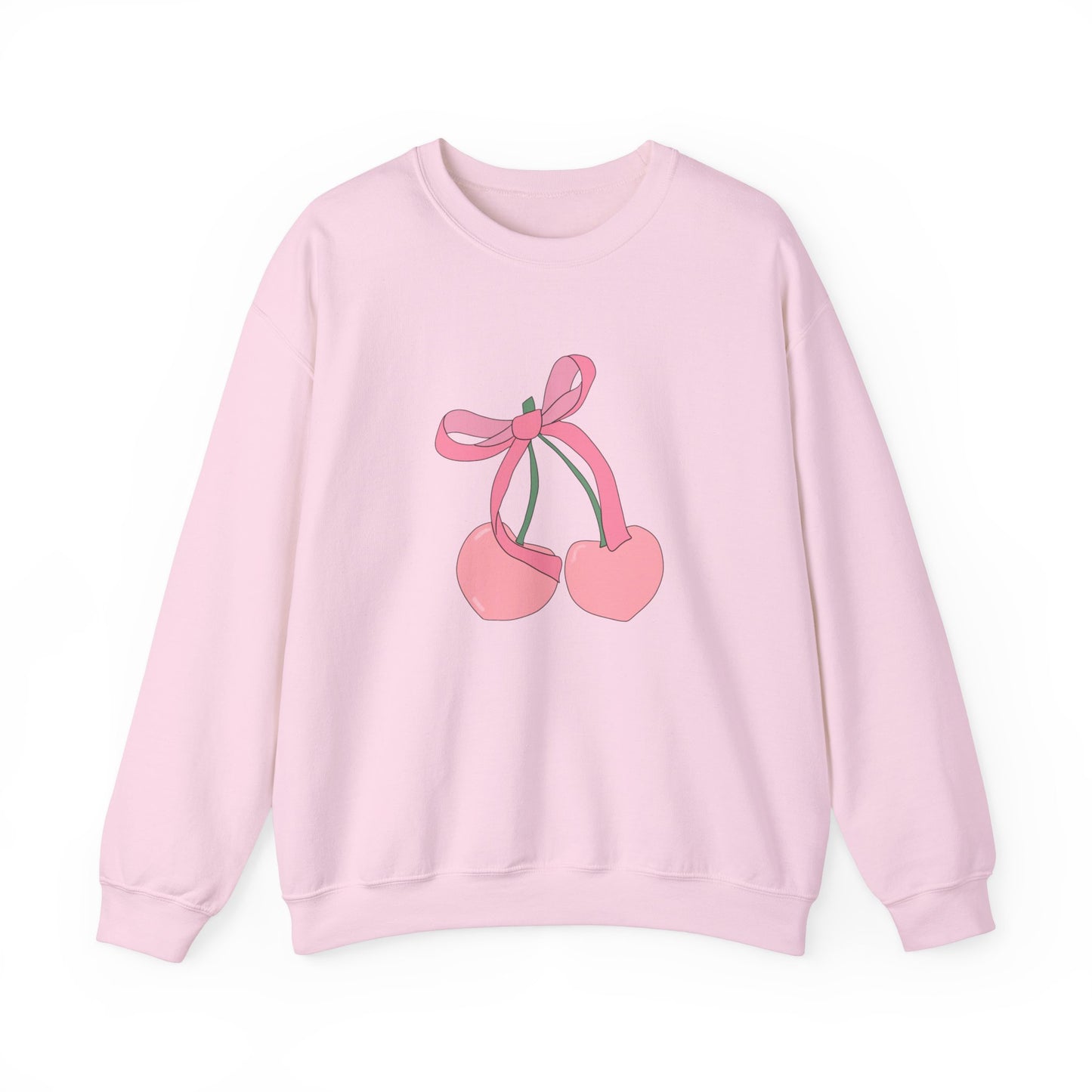 Cozy sweatshirt featuring a chic cherry bow coquette design. Ideal for adding a touch of playful charm to your casual wardrobe. Perfect for layering and staying stylish on chilly days.