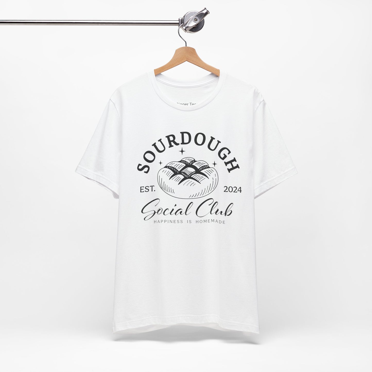 Black, navy, or white t-shirt featuring the text 'Sourdough Social Club' in a bold, vintage-inspired font, perfect for sourdough enthusiasts and home bakers who love stylish, foodie apparel