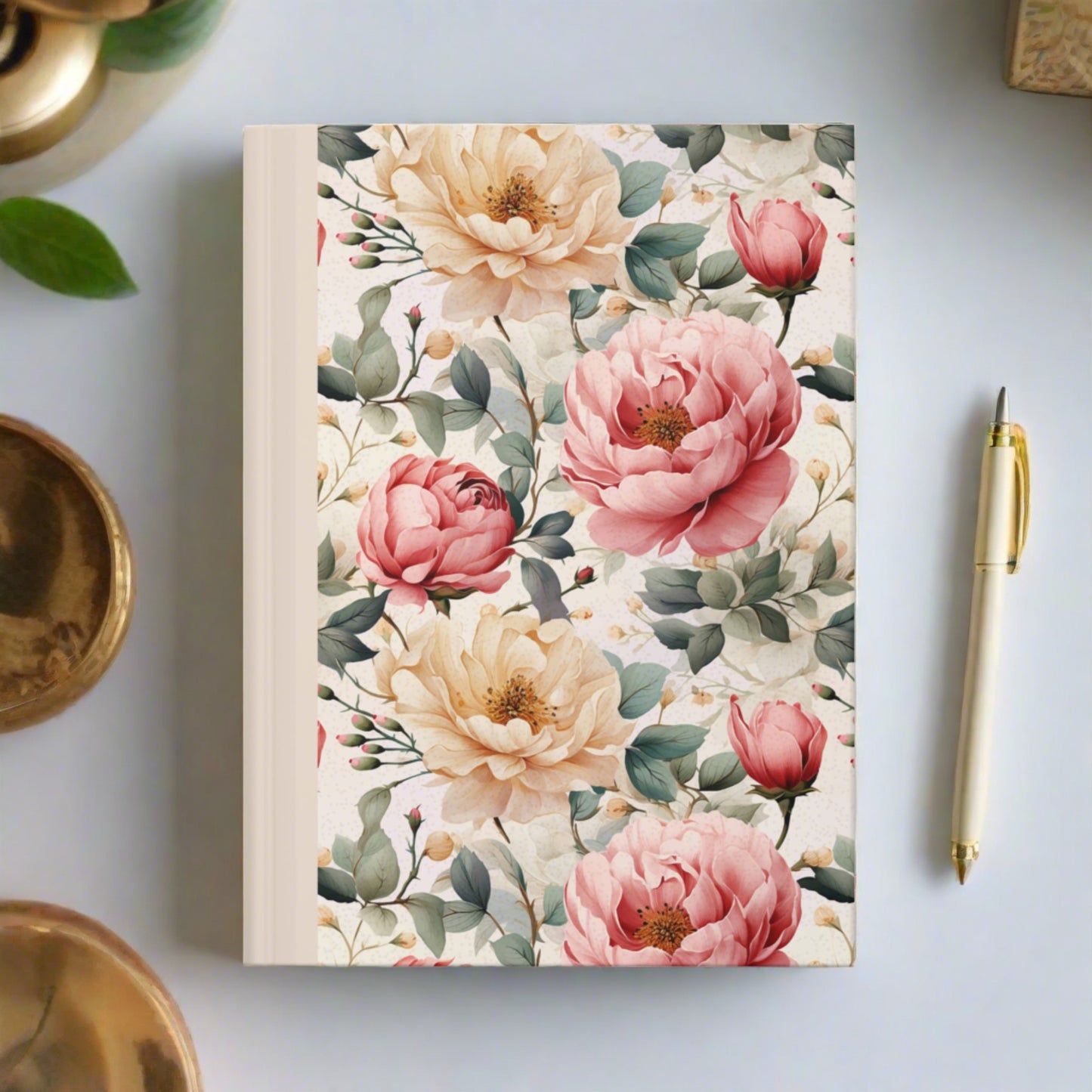 Vintage style Rose floral hardcover journal, pretty pinks and creams.