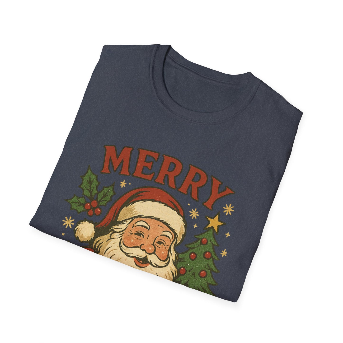 Folded navy blue t-shirt with Santa Claus graphic and 'MERRY' text on a white background