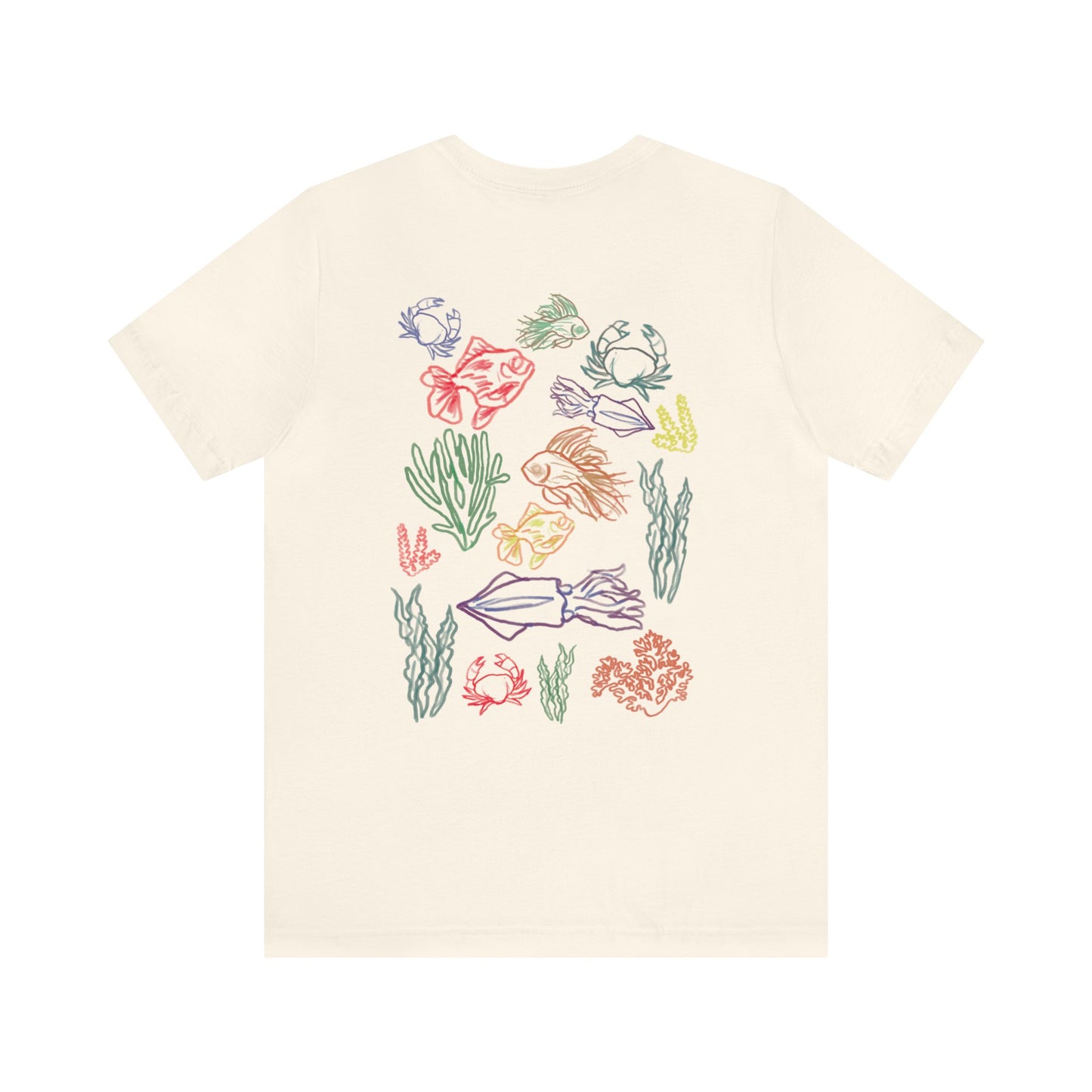 Ocean animals sketch tshirt bright vibrant colors summer vacation and beach outfit. Gift for teens