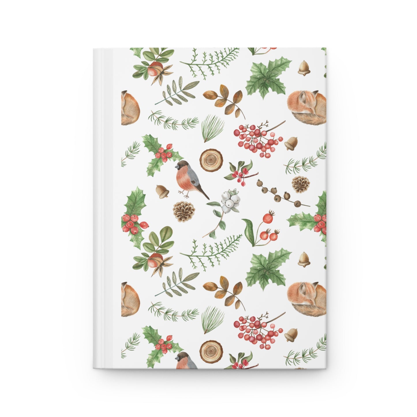 journal cover with a delicate watercolor pattern of woodland plants, berries, and a sleeping chipmunk, alongside holly leaves, pinecones, and a bullfinch bird on a white background.