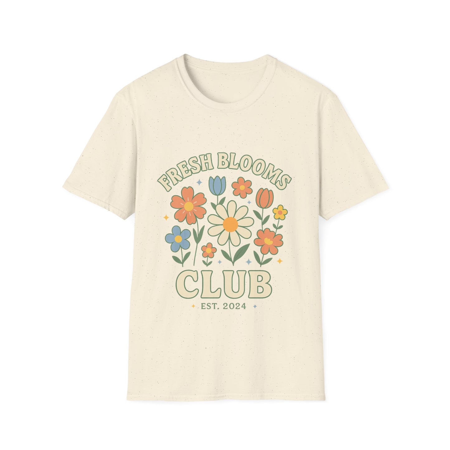 Beige t-shirt with floral design and text on a white background
