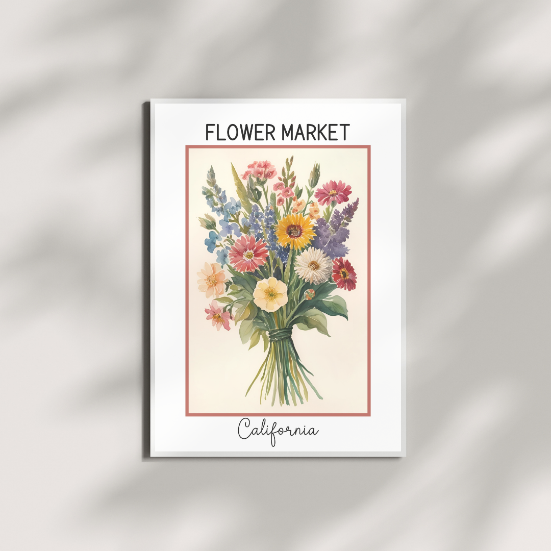 Vintage-style botanical wall art print of a colorful hand-painted flower bouquet featuring daisies, lavender, zinnias, and other wildflowers, tied with a green ribbon. Text reads “Flower Market” above and “California” below in elegant fonts. The poster has a soft off-white background and a red-brown border.