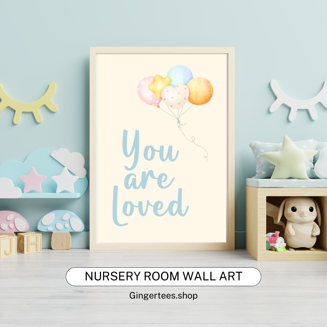 Minimalist wall art print with the handwritten phrase “You Are Loved” in soft pink script centered on a light pastel background. The text radiates warmth and affirmation, perfect for nurseries, bedrooms, or quiet corners needing a gentle reminder of love.