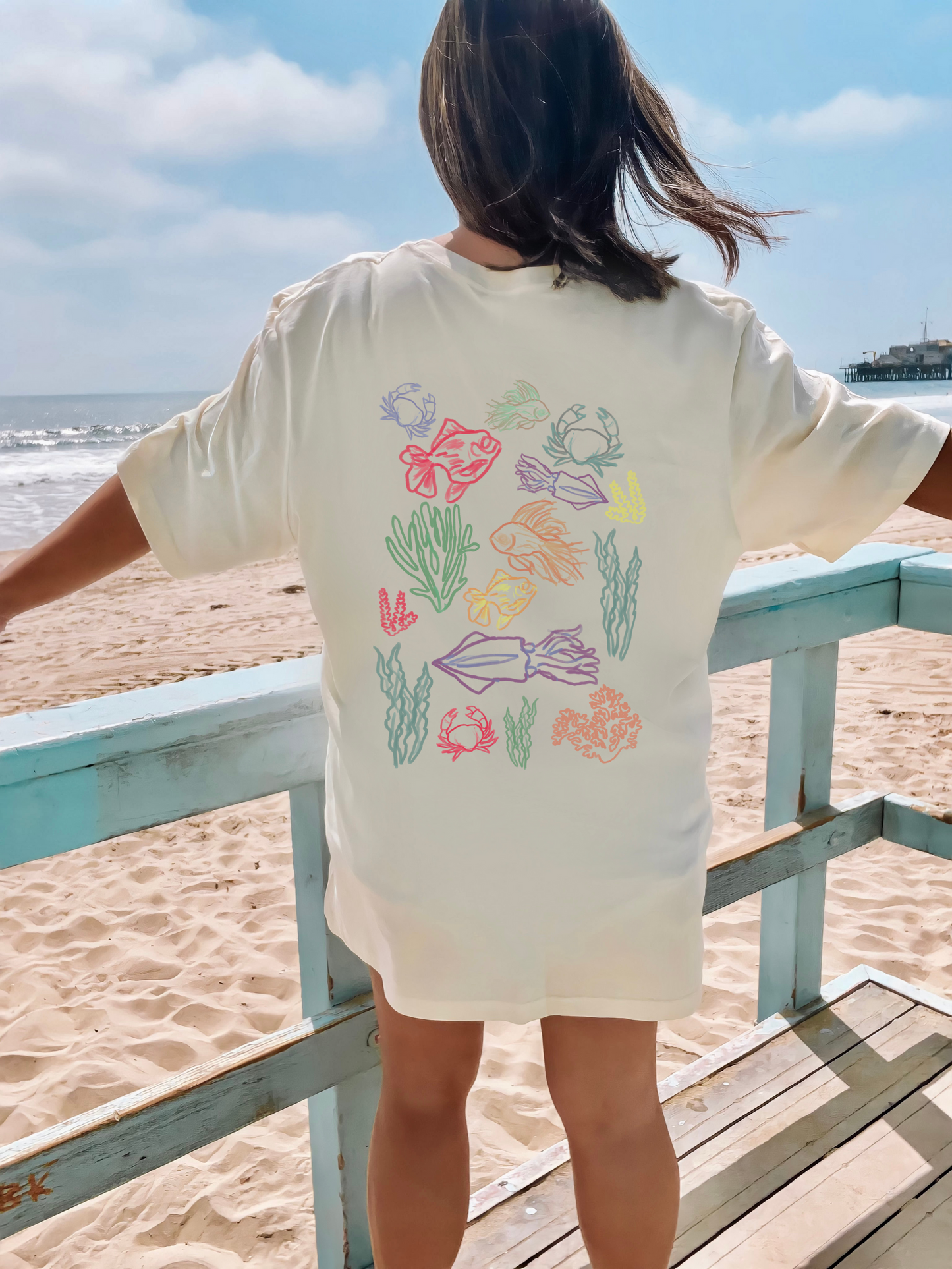 Ocean animals sketch tshirt bright vibrant colors summer vacation and beach outfit. Gift for teens