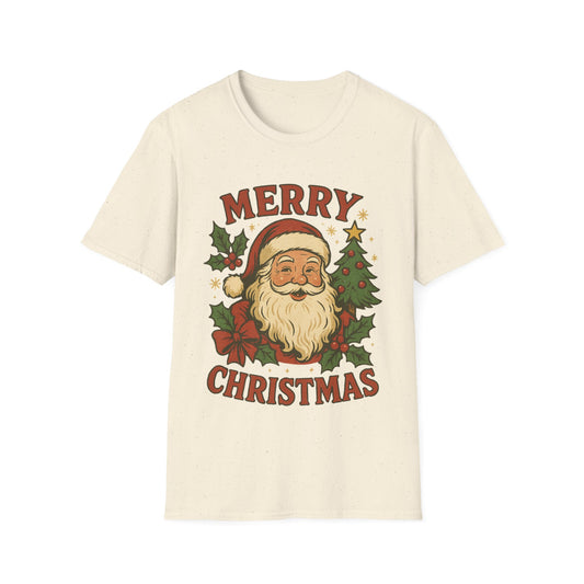 Beige t-shirt with Santa Claus graphic and 'Merry Christmas' text on a white background