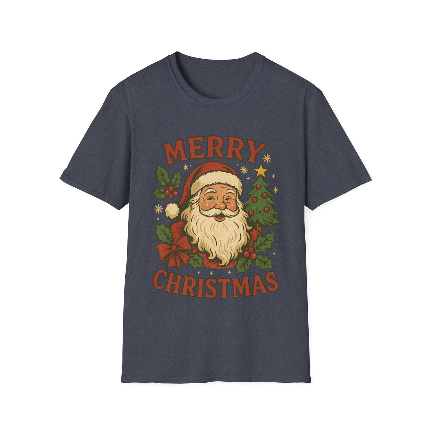 Navy blue t-shirt with Santa Claus graphic and 'Merry Christmas' text on a white background