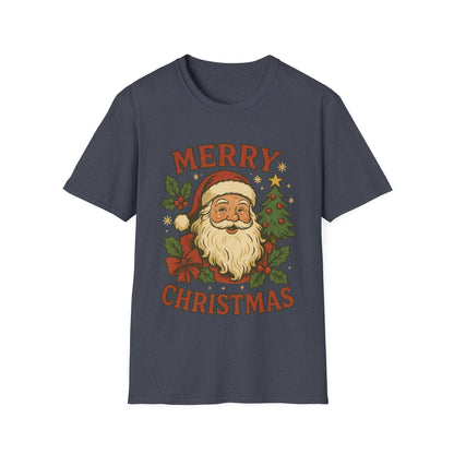 Navy blue t-shirt with Santa Claus graphic and 'Merry Christmas' text on a white background