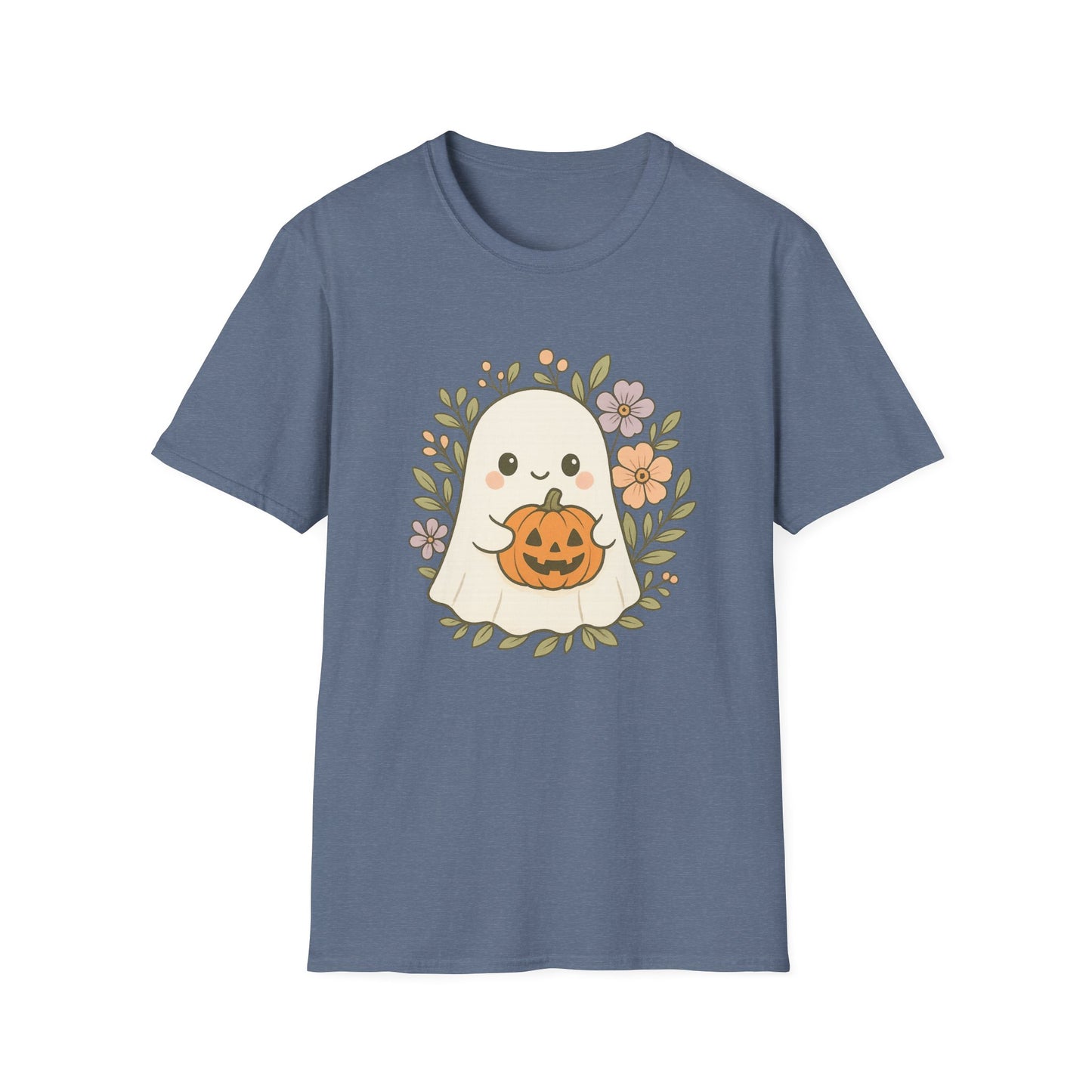 Blue t-shirt with a ghost holding a pumpkin design on a white background