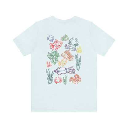 Ocean animals sketch tshirt bright vibrant colors summer vacation and beach outfit. Gift for teens 