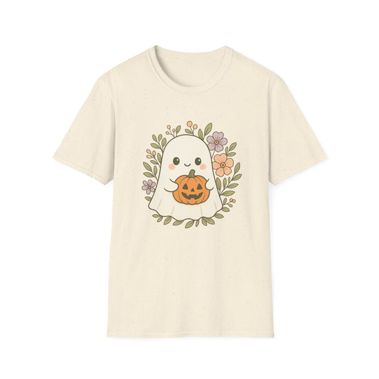 Beige t-shirt with a ghost holding a pumpkin design on a white background