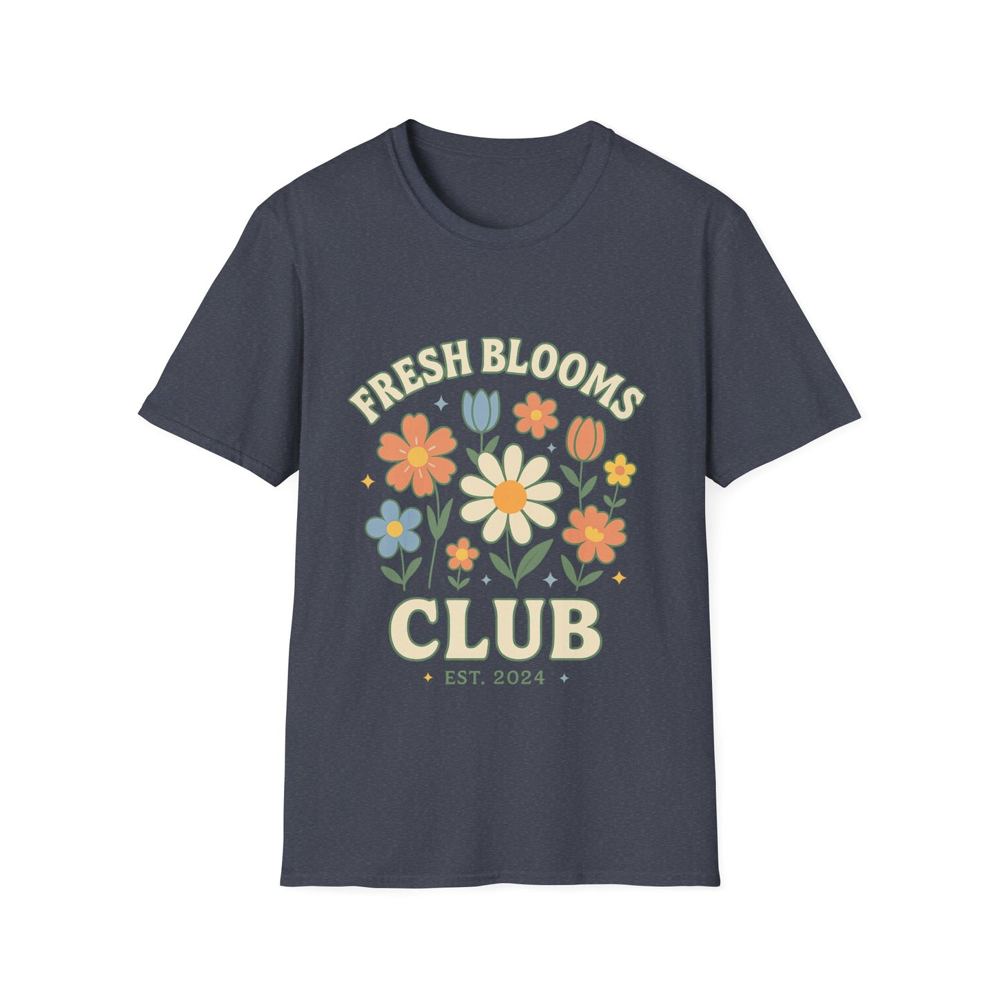 Navy blue t-shirt with floral design and 'Fresh Blooms Club' text on a white background