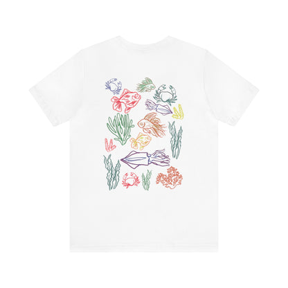 Ocean animals sketch tshirt bright vibrant colors summer vacation and beach outfit. Gift for teens 