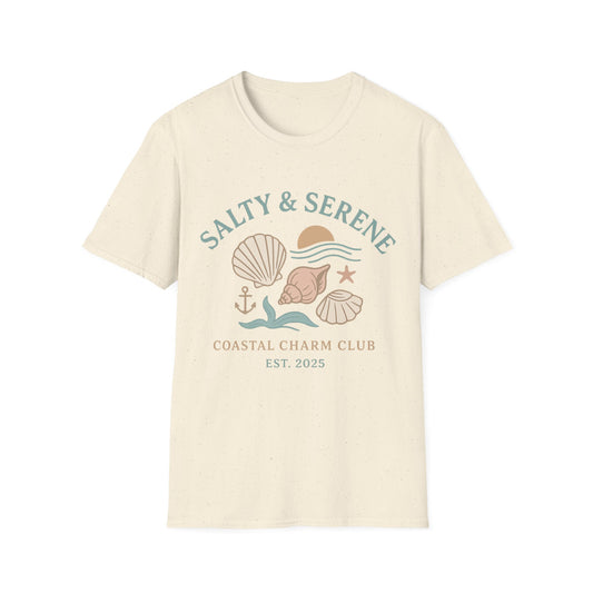 Beige t-shirt with 'Salty & Serene' coastal design on a white background