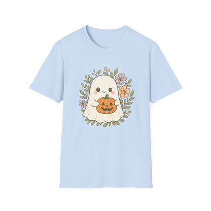 Light blue t-shirt with a ghost holding a pumpkin design on a white background
