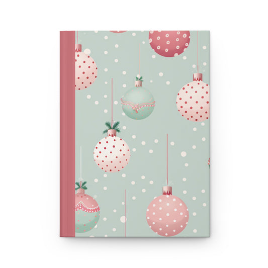 Hardcover lined journal with vintage inspired christmas baubles, girly aesthetic and soft pale colors