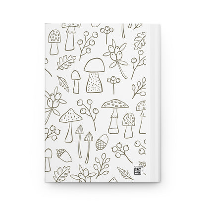 Journal cover featuring black outline illustrations of woodland plants, leaves, acorns, and berries on a clean white background for a minimalist nature-inspired design.