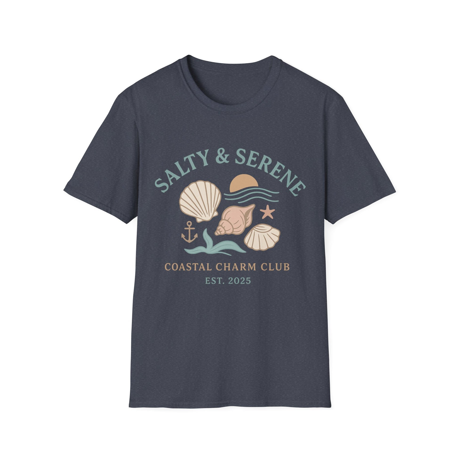 Navy blue t-shirt with 'Salty & Serene' coastal design on a white background