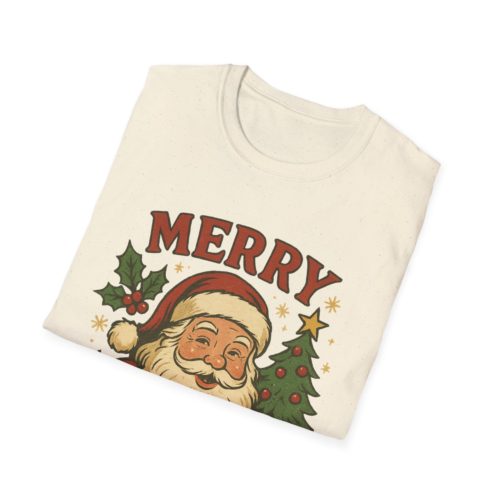 Folded cream-colored sweatshirt with Santa Claus design and 'Merry' text on a white background
