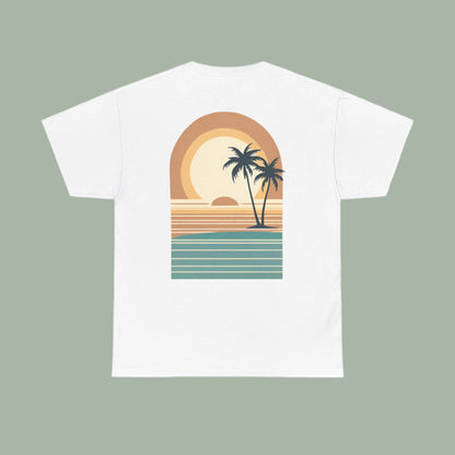 A minimalist retro sunset with a large setting sun, silhouetted palm trees, and ocean-inspired striped patterns in soft teal and warm earth tones. The arch-shaped composition gives the design a classic surf and beach aesthetic, enhanced by a subtle worn-in, vintage texture.