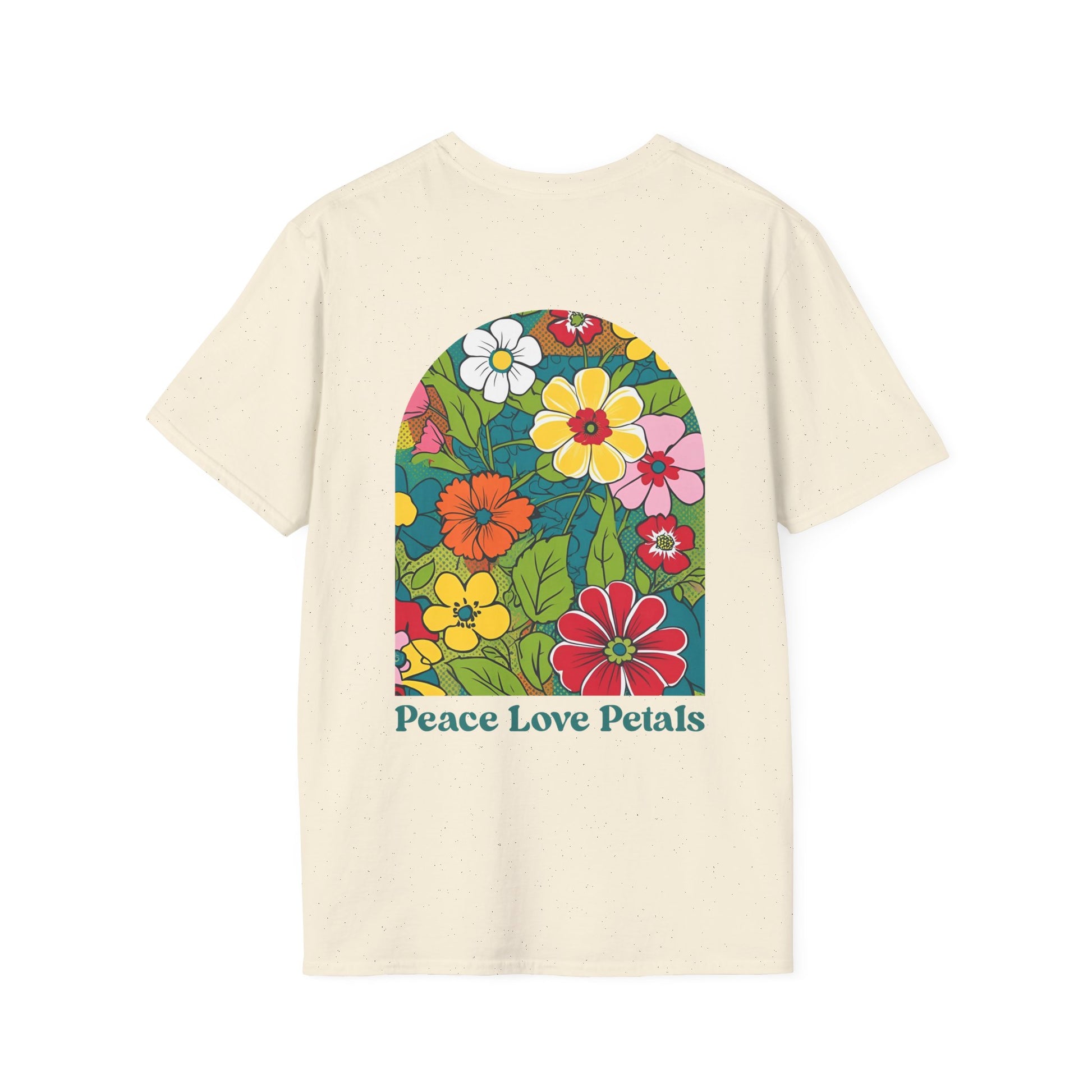 Retro floral graphic t-shirt with bold pop art flowers and the phrase "Peace Love Petals" in vintage lettering, laid flat on a neutral background. 70s-inspired unisex cotton tee in white, perfect for boho and retro fashion lovers.