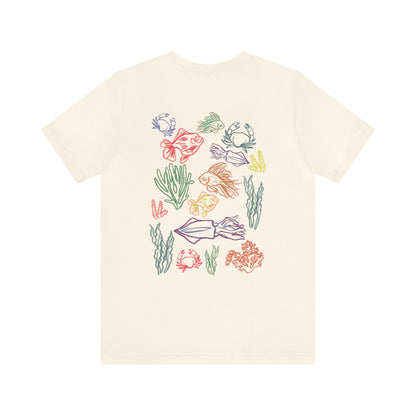 Ocean animals sketch tshirt bright vibrant colors summer vacation and beach outfit. Gift for teens 