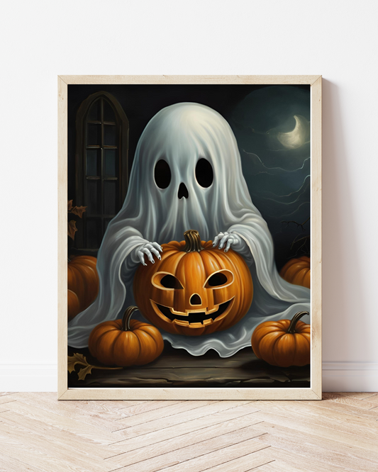A digital printable wall art featuring a classic ghost in a white sheet with black eyes, cradling a carved jack-o'-lantern and surrounded by pumpkins, displayed in a frame.