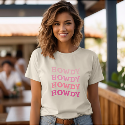 Howdy Cowgirl t-shirt, hody font in shades of pink