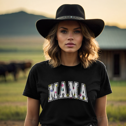 Charming Mother's Day t-shirt featuring 'Mama' in bold college-style typography with playful polka dot letters. Perfect for celebrating mom in style with a trendy and affectionate design.